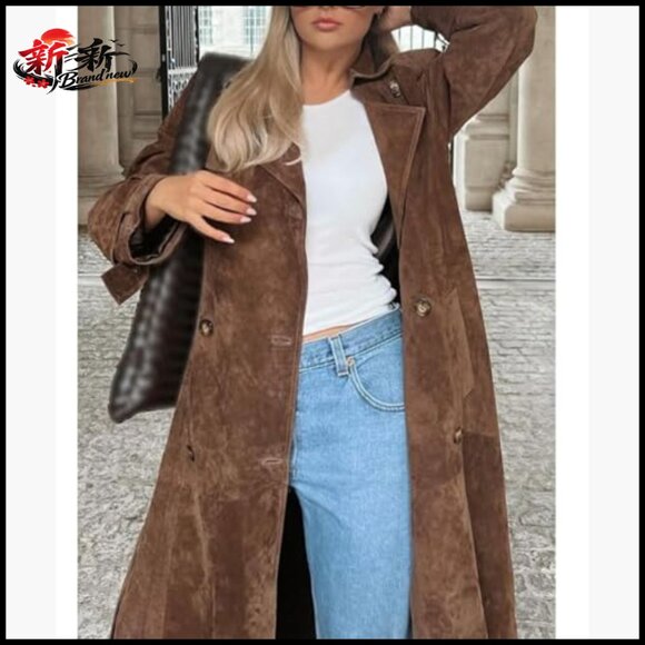 Faux Suede Long Trench Coat Notched Lapel Double Breasted Pea Coat - Picture 6 of 6